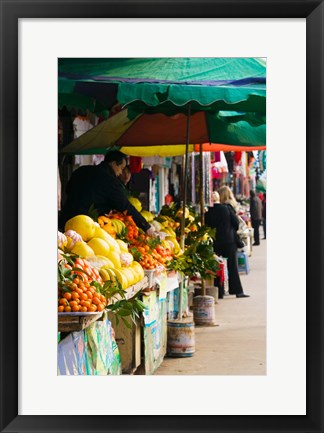 Framed Fruit stalls at a street market, Mingshan, Fengdu Ghost City, Fengdu, Yangtze River, Chongqing Province, China Print
