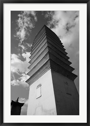 Framed Low angle view of Qianxun Pagoda, Three Pagodas, Old Tow, Dali, Yunnan Province, China (Black and White) Print