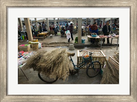 Framed Traditional town market with grass on bicycle for making brooms, Xizhou, Erhai Hu Lake Area, Yunnan Province, China Print