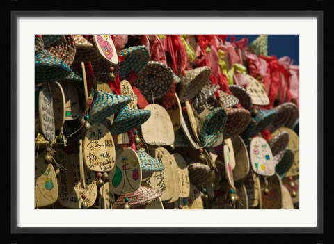 Framed Buddhist prayer wishes (Ema) hanging at a shrine on a tree, Old Town, Lijiang, Yunnan Province, China Print