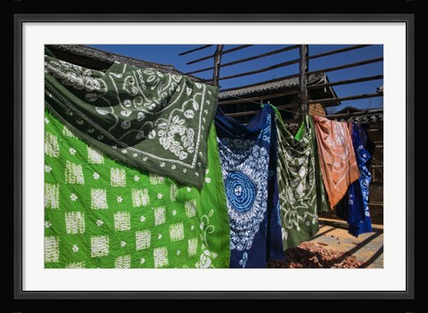 Framed Batik fabric souvenirs at a market stall, Baisha, Lijiang, Yunnan Province, China Print