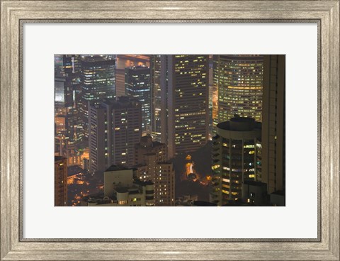 Framed High angle view of buildings lit up at dusk, Central District, Hong Kong Print