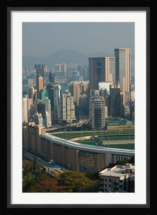 Framed High angle view of a horseracing track, Happy Valley Racecourse, Happy Valley, Wan Chai District, Hong Kong Print