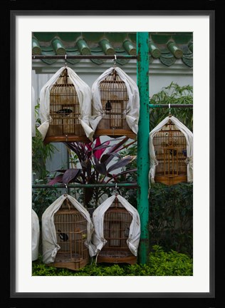 Framed Birds in cages for sale at a bird market, Yuen Po Street Bird Garden, Mong Kok, Kowloon, Hong Kong Print
