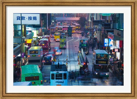 Framed Traffic on a street at night, Des Voeux Road Central, Central District, Hong Kong Island, Hong Kong Print