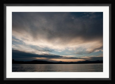 Framed Lake at sunset with mountains in the background, Mt Lassen, Lake Almanor, California, USA Print