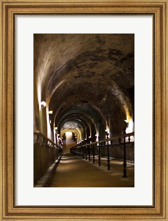 Framed Pommery Champagne Winery passageway to ancient Gallo-Roman quarries, Reims, Marne, Champagne-Ardenne, France Print