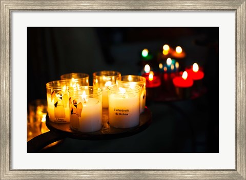 Framed Votive candles in a cathedral, Reims Cathedral, Reims, Marne, Champagne-Ardenne, France Print