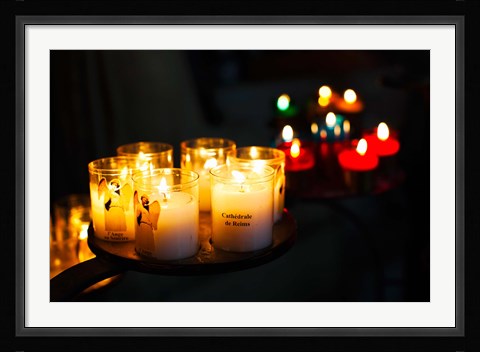 Framed Votive candles in a cathedral, Reims Cathedral, Reims, Marne, Champagne-Ardenne, France Print