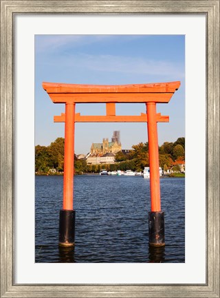 Framed Saint-Etienne Cathedral viewed through from Japanese Gate, Moselle River, Metz, Lorraine, Moselle, France Print