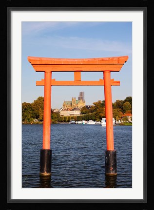 Framed Saint-Etienne Cathedral viewed through from Japanese Gate, Moselle River, Metz, Lorraine, Moselle, France Print