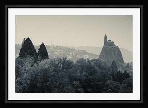 Framed Saint Michel d'Aiguilhe Chapel at Dawn, Aiguilhe, Le Puy-en-Velay, Haute-Loire, Auvergne, France (black and white) Print