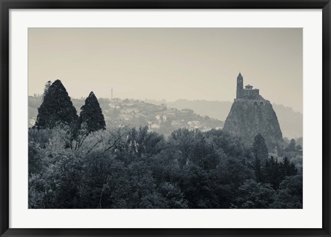 Framed Saint Michel d&#39;Aiguilhe Chapel at Dawn, Aiguilhe, Le Puy-en-Velay, Haute-Loire, Auvergne, France (black and white) Print