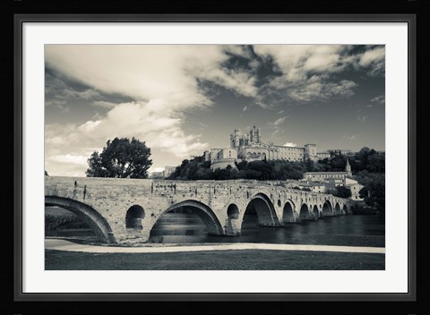 Framed Pont Vieux bridge with Cathedrale Saint-Nazaire in the background, Beziers, Herault, Languedoc-Roussillon, France Print