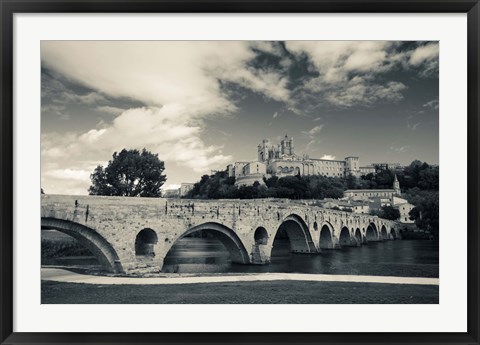 Framed Pont Vieux bridge with Cathedrale Saint-Nazaire in the background, Beziers, Herault, Languedoc-Roussillon, France Print