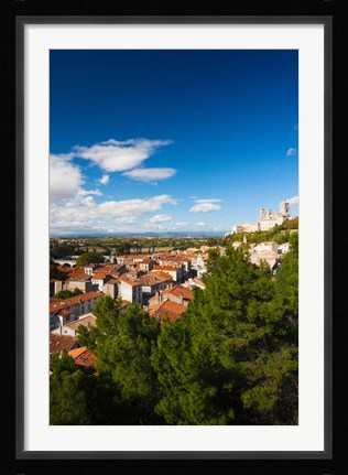 Framed Elevated view of a town with Cathedrale Saint-Nazaire in the background, Beziers, Herault, Languedoc-Roussillon, France Print