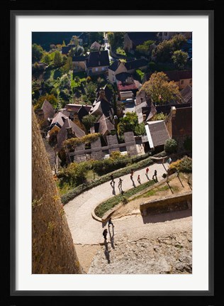 Framed Elevated view of a village with Chateau de Castelnaud, Castelnaud-la-Chapelle, Dordogne, Aquitaine, France Print