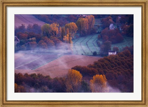 Framed Aerial View of Dordogne River Valley in fog, Domme, Dordogne, Aquitaine, France Print