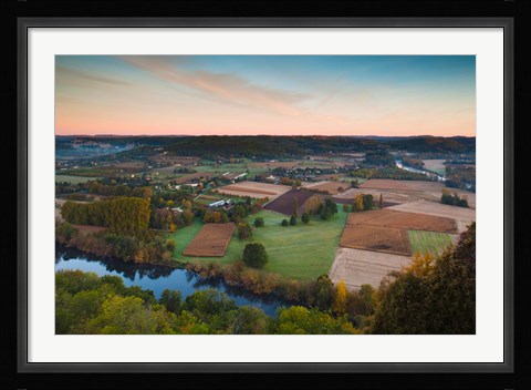 Framed Elevated view of the Dordogne River Valley in fog from the Belvedere de la Barre at dawn, Domme, Dordogne, Aquitaine, France Print