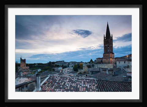 Framed Elevated view of a town with Eglise Monolithe church at dusk, Saint-Emilion, Gironde, Aquitaine, France Print
