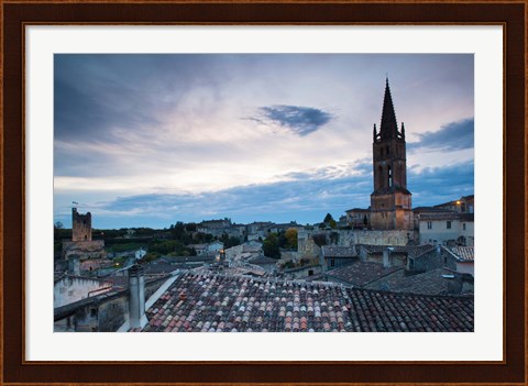 Framed Elevated view of a town with Eglise Monolithe church at dusk, Saint-Emilion, Gironde, Aquitaine, France Print