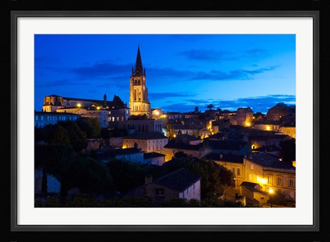 Framed Elevated view of a Town with Eglise Monolithe Church at Dawn, Saint-Emilion, Gironde, Aquitaine, France Print