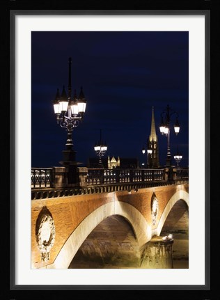 Framed Pont de Pierre bridge across Garonne River with Eglise St-Michel at dusk, Bordeaux, Gironde, Aquitaine, France Print