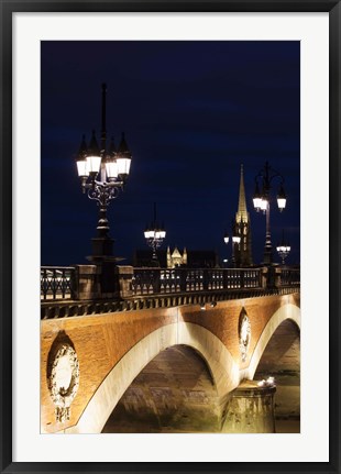 Framed Pont de Pierre bridge across Garonne River with Eglise St-Michel at dusk, Bordeaux, Gironde, Aquitaine, France Print