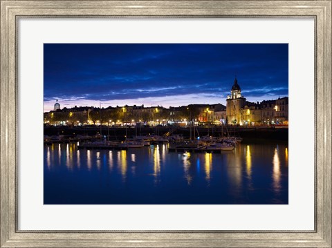 Framed Buildings at the waterfront lit up at dusk, Old Port, La Rochelle, Charente-Maritime, Poitou-Charentes, France Print
