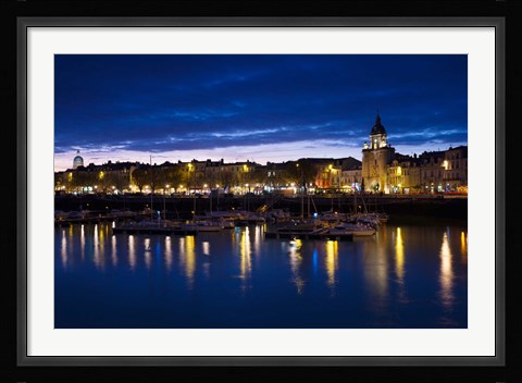 Framed Buildings at the waterfront lit up at dusk, Old Port, La Rochelle, Charente-Maritime, Poitou-Charentes, France Print