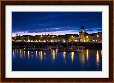 Framed Buildings at the waterfront lit up at dusk, Old Port, La Rochelle, Charente-Maritime, Poitou-Charentes, France Print