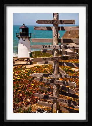 Framed Directional signs on a pole with light house in the background, Point Montara Lighthouse, Montara, California, USA Print