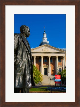 Framed Statue with a State Capitol Building in the background, Annapolis, Maryland, USA Print
