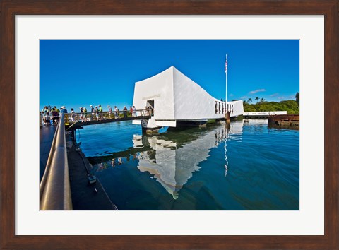 Framed Reflection of a memorial in water, USS Arizona Memorial, Pearl Harbor, Honolulu, Hawaii, USA Print