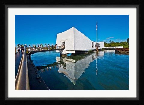 Framed Reflection of a memorial in water, USS Arizona Memorial, Pearl Harbor, Honolulu, Hawaii, USA Print