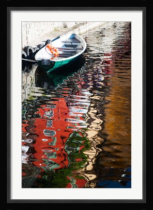 Framed Houses and boat reflected in Lake Como, Varenna, Lombardy, Italy Print