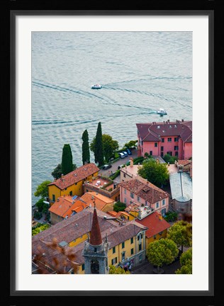 Framed High angle view of buildings in a town at the lakeside, Varenna, Lake Como, Lombardy, Italy Print