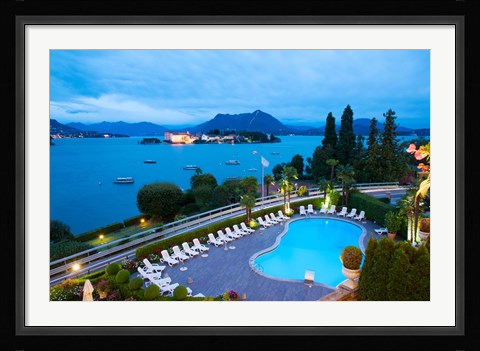 Framed Aerial view of a swimming pool at hotel, Villa e Palazzo Aminta, Isola Bella, Stresa, Lake Maggiore, Italy Print