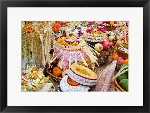 Framed Many of the offerings on cart in front of a temple in Tampaksiring, Bali, Indonesia Print