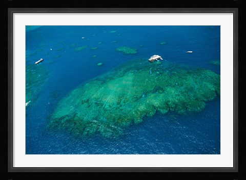 Framed Aerial view of coral reef in the pacific ocean, Great Barrier Reef, Queensland, Australia Print