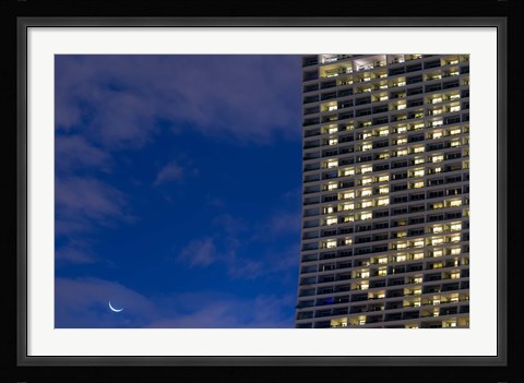 Framed Low angle view of a shopping centre with crescent moon at dusk, Marina Bay Sands, Singapore Print