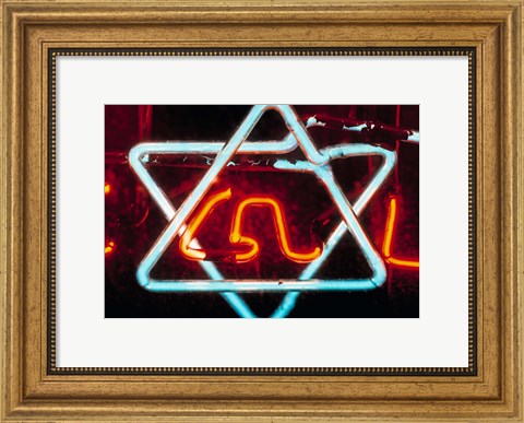 Framed Neon Jewish star symbol Print