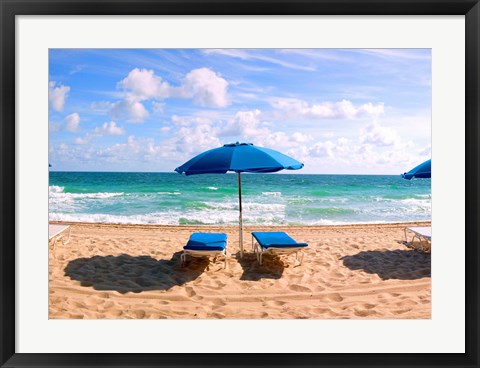 Framed Lounge chairs and beach umbrella on the beach, Fort Lauderdale Beach, Florida, USA Print
