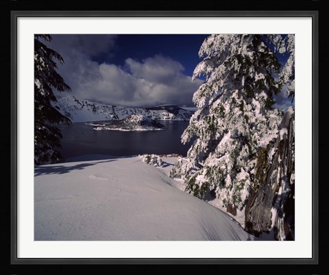 Framed Crater Lake in winter, Wizard Island, Crater Lake National Park, Oregon, USA Print