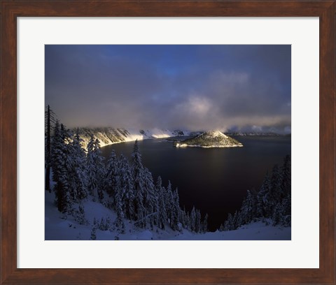 Framed Wizard Island at Crater Lake in winter, Crater Lake National Park, Oregon, USA Print