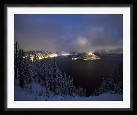 Framed Wizard Island at Crater Lake in winter, Crater Lake National Park, Oregon, USA Print