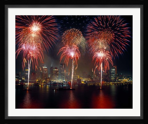 Framed Fireworks display at night on Freedom Festival at Detroit (in Michigan, USA) viewed from Windsor, Ontario, Canada 2013 Print