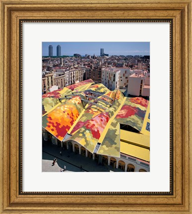 Framed High angle view of Santa Caterina Market with cityscape in the background, Barcelona, Catalonia, Spain Print