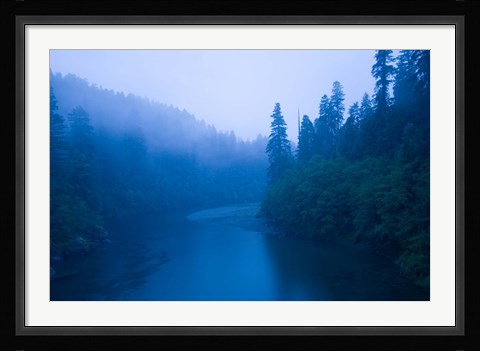 Framed River passing through a forest in the rainy morning, Jedediah Smith Redwoods State Park, Crescent City, California, USA Print