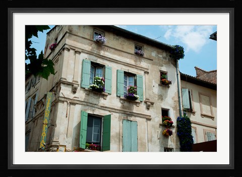Framed View of an old building with flower pots on each window, Rue Des Arenes, Arles, Provence-Alpes-Cote d'Azur, France Print